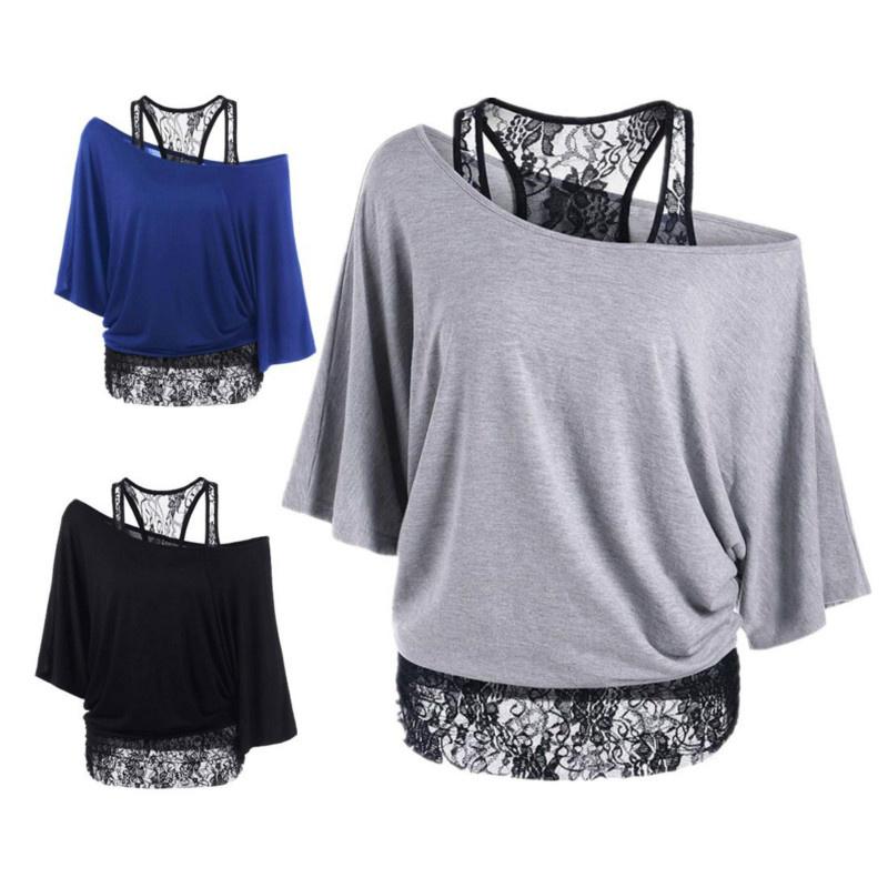 Gilet ample de grande taille pour femmes, couture en dentelle, col Oblique, manches chauve-souris, T-shirt Imitation, à la mode