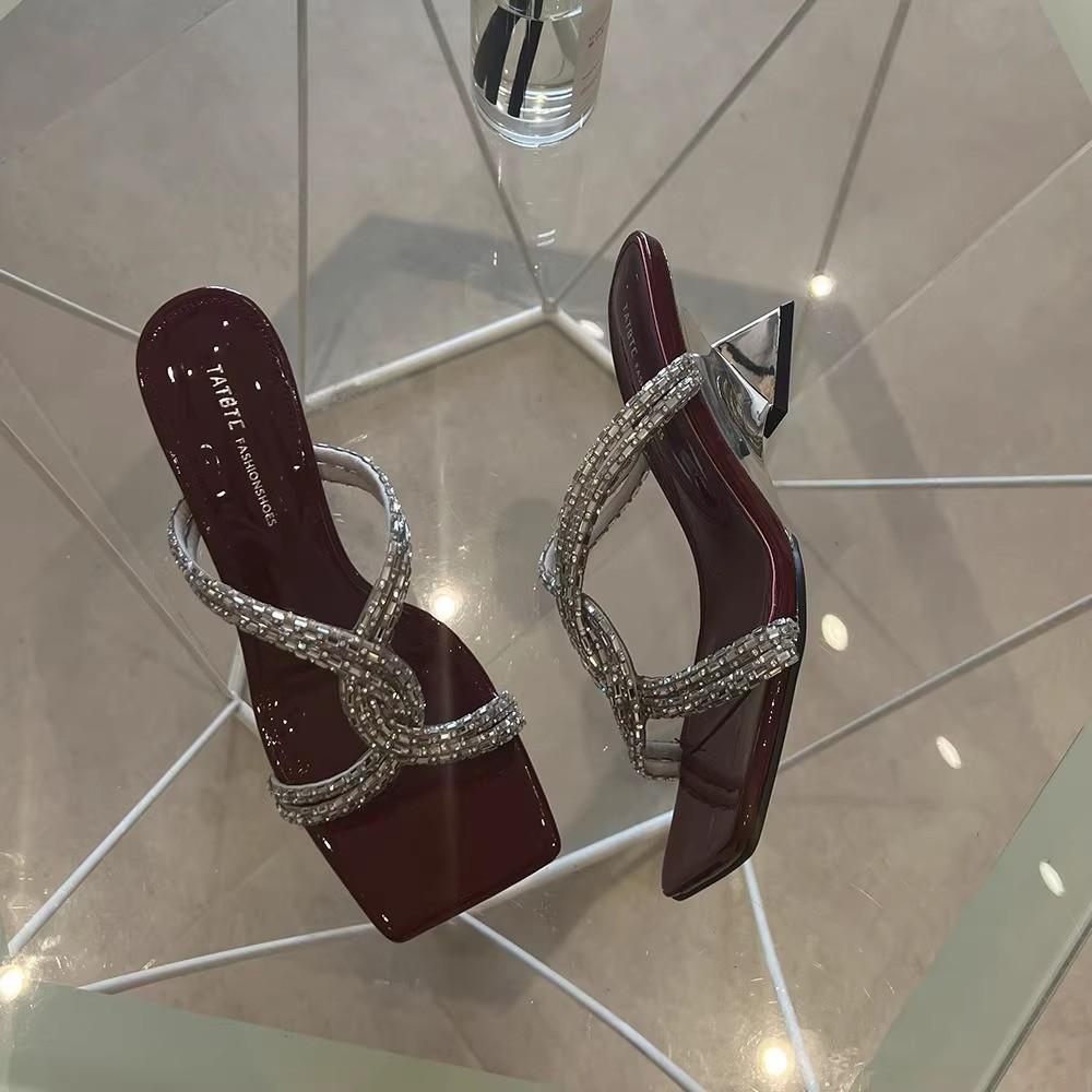 Fashion 2025 Summer New Open Toed Slippers for Women's Outerwear Square Head Water Diamond Cross Straight Strap Cool Dragging High Heels