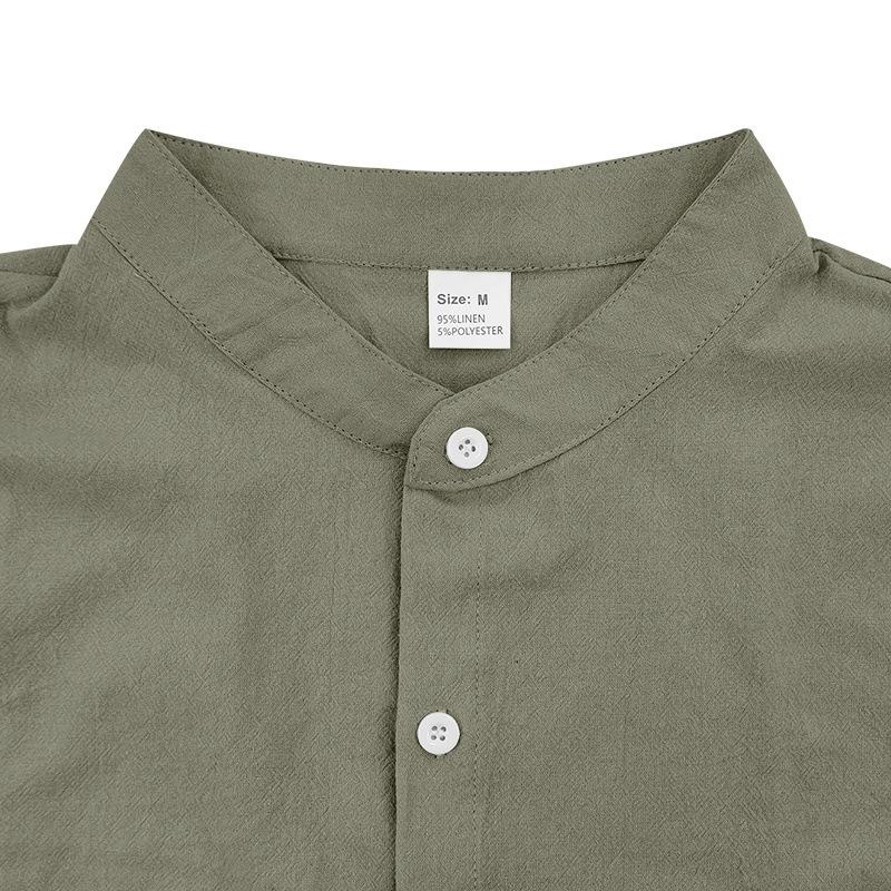 Herr sommar lös passform linne t-shirt enfärgad Henley-hals strand kortärmad skjorta