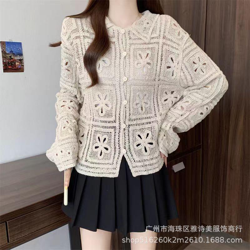 Fashion loose and thin hollow crochet knitted sweater women's new foreign style unique chic cardigan long-sleeved top