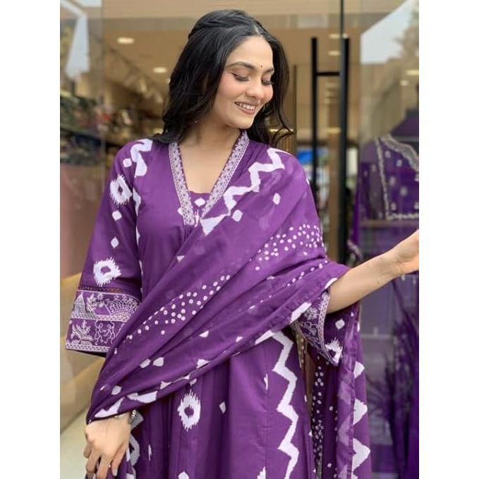 Women's Cotton Anarkali Printed V-Neck Kurta with Palazzo & Dupatta | Ethnic Set | Dupatta Set | Suit Set |Kurta Set |