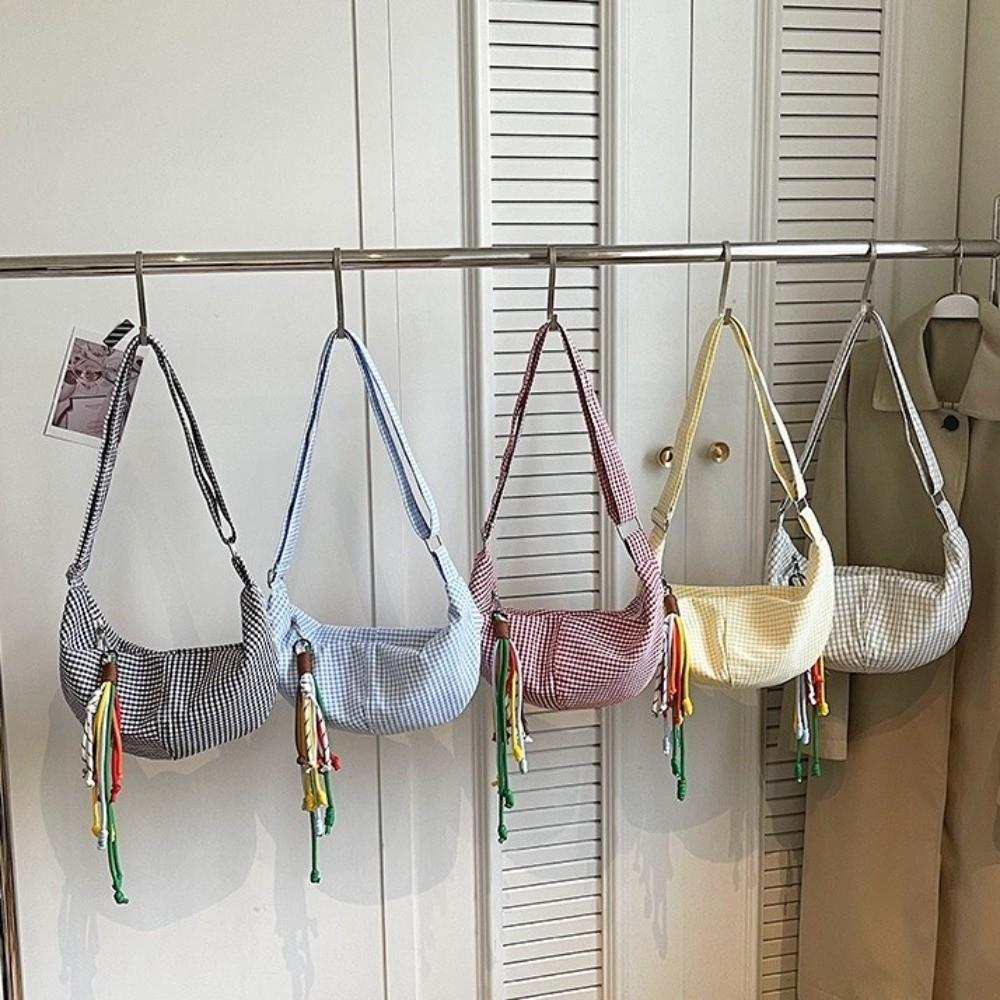 Large Capacity Dumpling Bag Zipper Crossbody Bag Simple Plaid Shoulder Bag  Daily