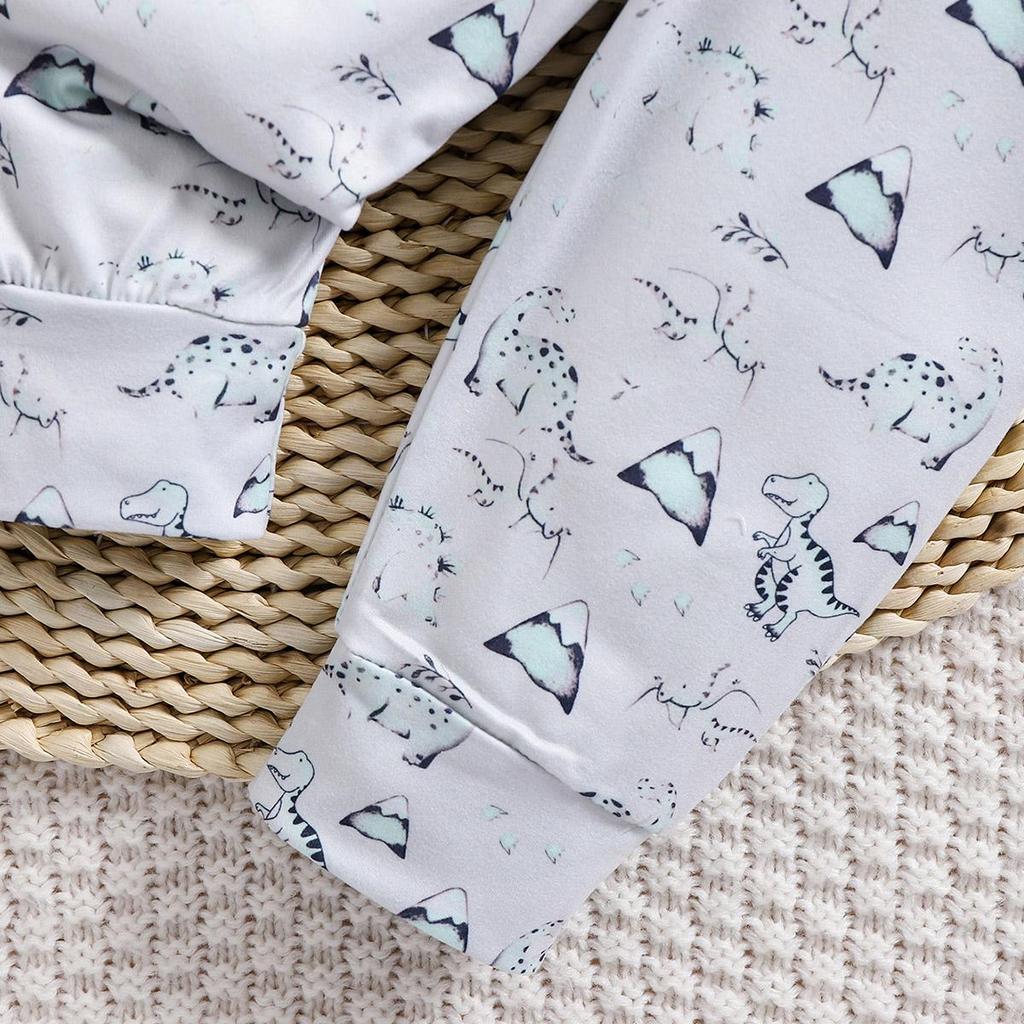 Infant Boy "New To The Crew" Print Dinosaur Pattern Long Sleeve Bodysuit With Matching Pants Hat Outfit Set