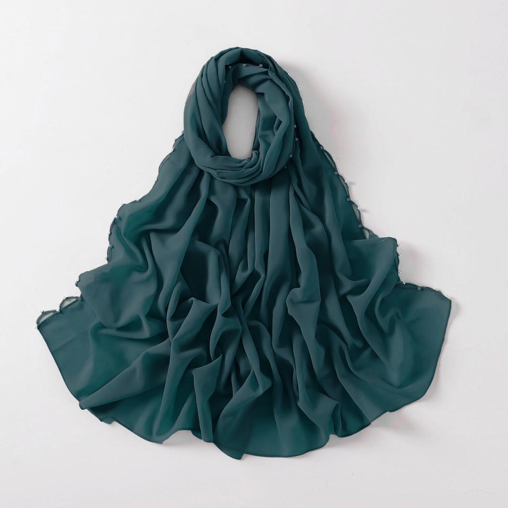 Pearl Edge Chiffon Hijab Scarf Women Muslim Long Shawl Soft Plain Head Wrap Beaded Border Lightweight Islamic Turban