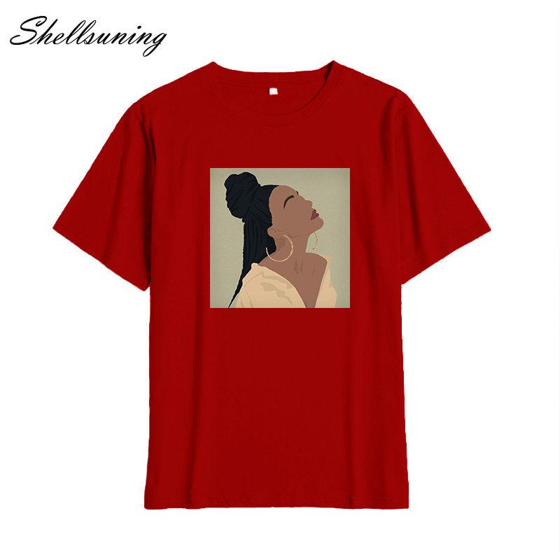 Shellsuning Summer Vintage Printed Cotton T Shirt Women Loose Short Sleeve Trend Tees Female Casual Streetwear All-match Basic Tops