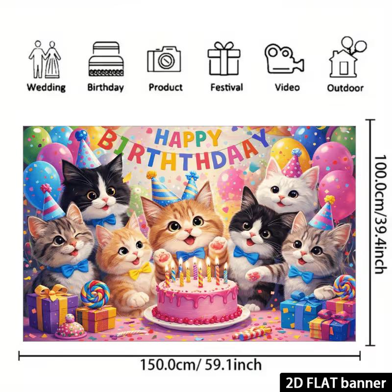Arazzo di Compleanno 2D con Gatti Carini, Cappelli da Festa, Torta e Palloncini Colorati, Decorazione Murale