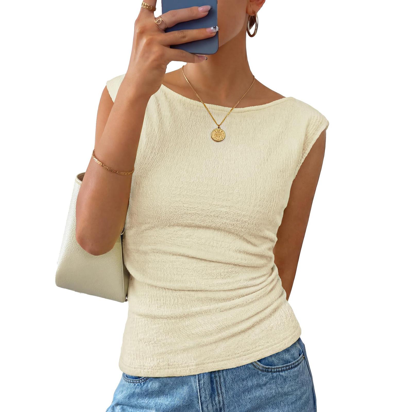 Женская летняя модная цветная круглая шея без рукавов жилет пуловер футболка топ L бежевый