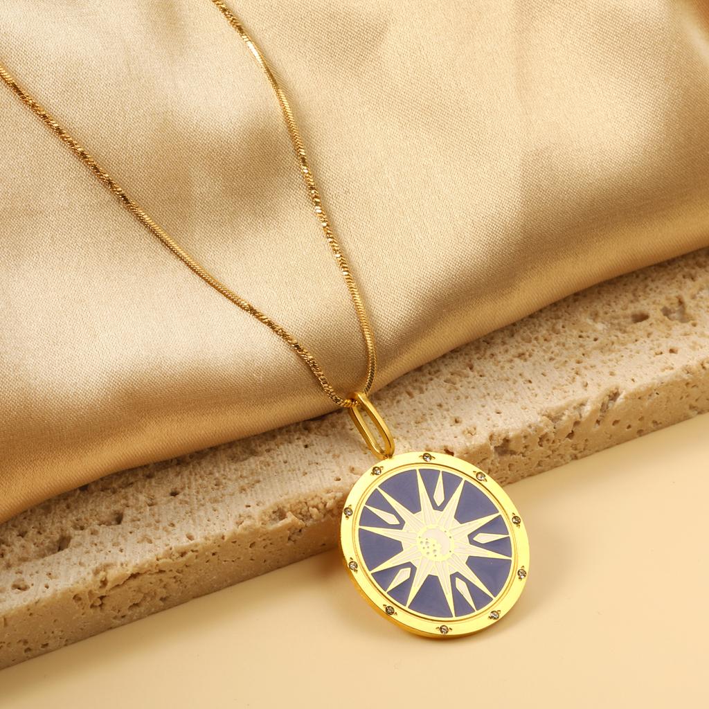 Fashion Creative Round Shining Pattern Pndant Necklace Stainless Steel Gold Plated Necklace for Women 316L Jewelry Gift
