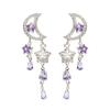 S925 Sterling Silver Crescent Moon Star Dangle Earrings Purple Zircon Multi‑tassel Sparkly Bohemian Women Party Jewelry