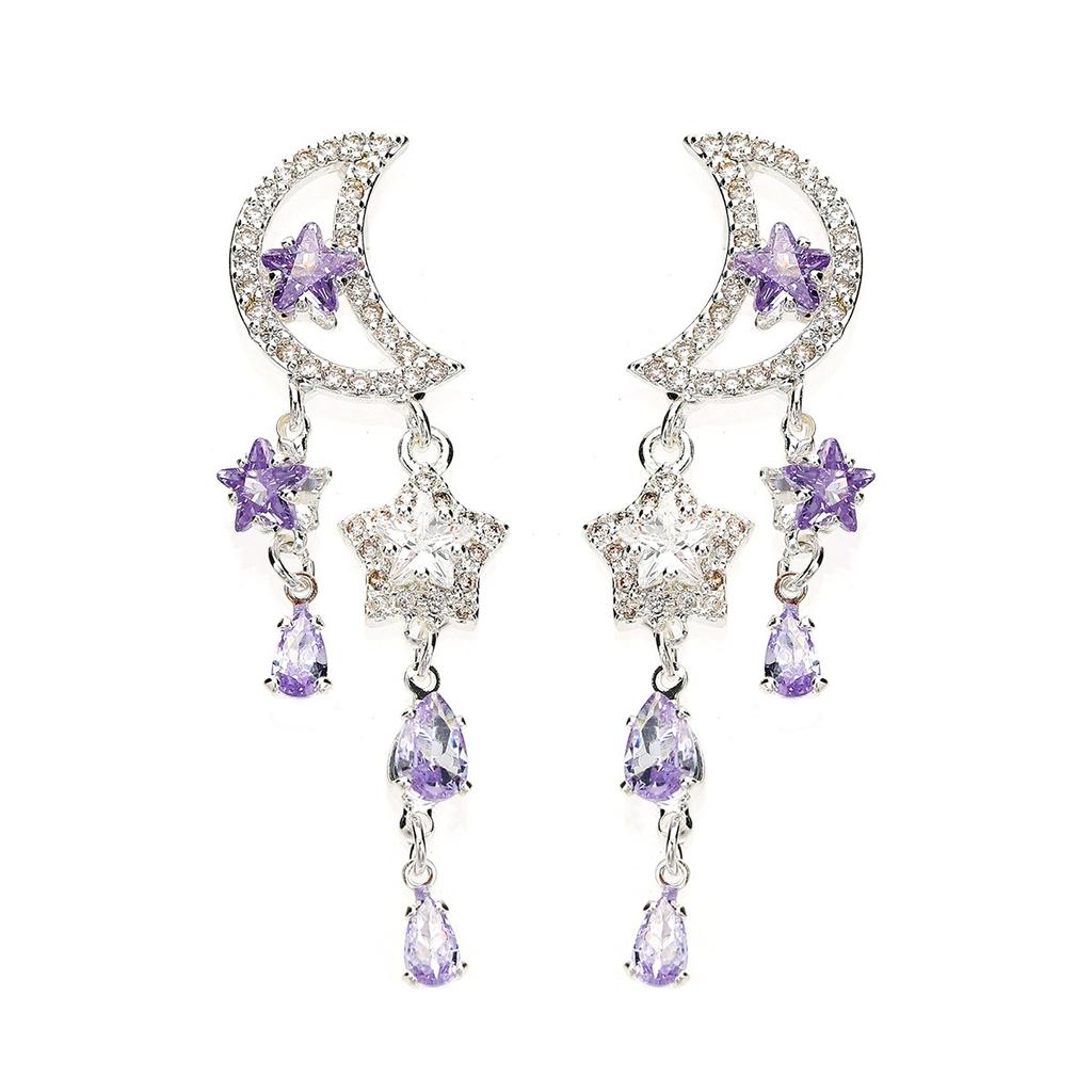 S925 Sterling Silver Crescent Moon Star Dangle Earrings Purple Zircon Multi‑tassel Sparkly Bohemian Women Party Jewelry