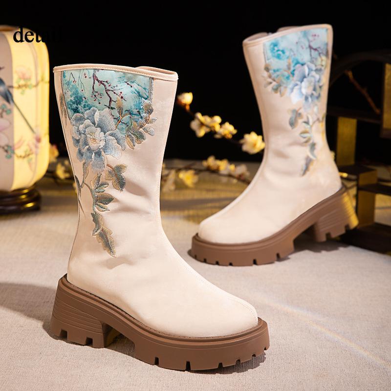 Women's Winter Warm Platform Mid-Calf Snow Boots Low Block Heels Embroidered Chelsea Booties Shoes for Women Faux Fur Lined Walking Boots With Zipper