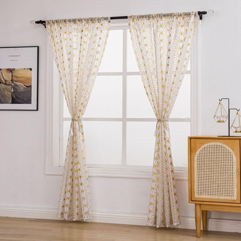 Geometric Gold Foil Sheer Curtains – Set of 2 Panels, Semi-Blackout, Light Filtering Window Curtains