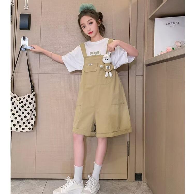 

Модный летний спортивный костюм для девочек - Стильный комплект из двух предметов с коротким рукавом и шортами для девочек-подростков 150 хаки