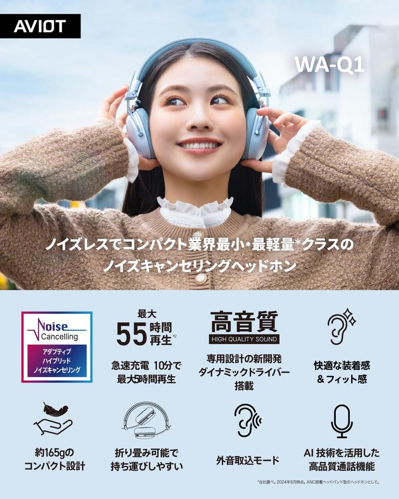 AVIOT Wireless Headphones 55 Hours of Continuous Lightweight Compact Connection WA-Q1 Noise-Canceling On-Ear, Playback, Fast-Charging Drivers,
