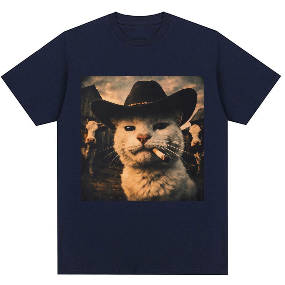 Funny Cowboy Cat Meme Graphic T Shirts Unisex Unisex Fashion Kawaii Vintage Tshirt Oversized Cotton Casual High Quality Tshirts