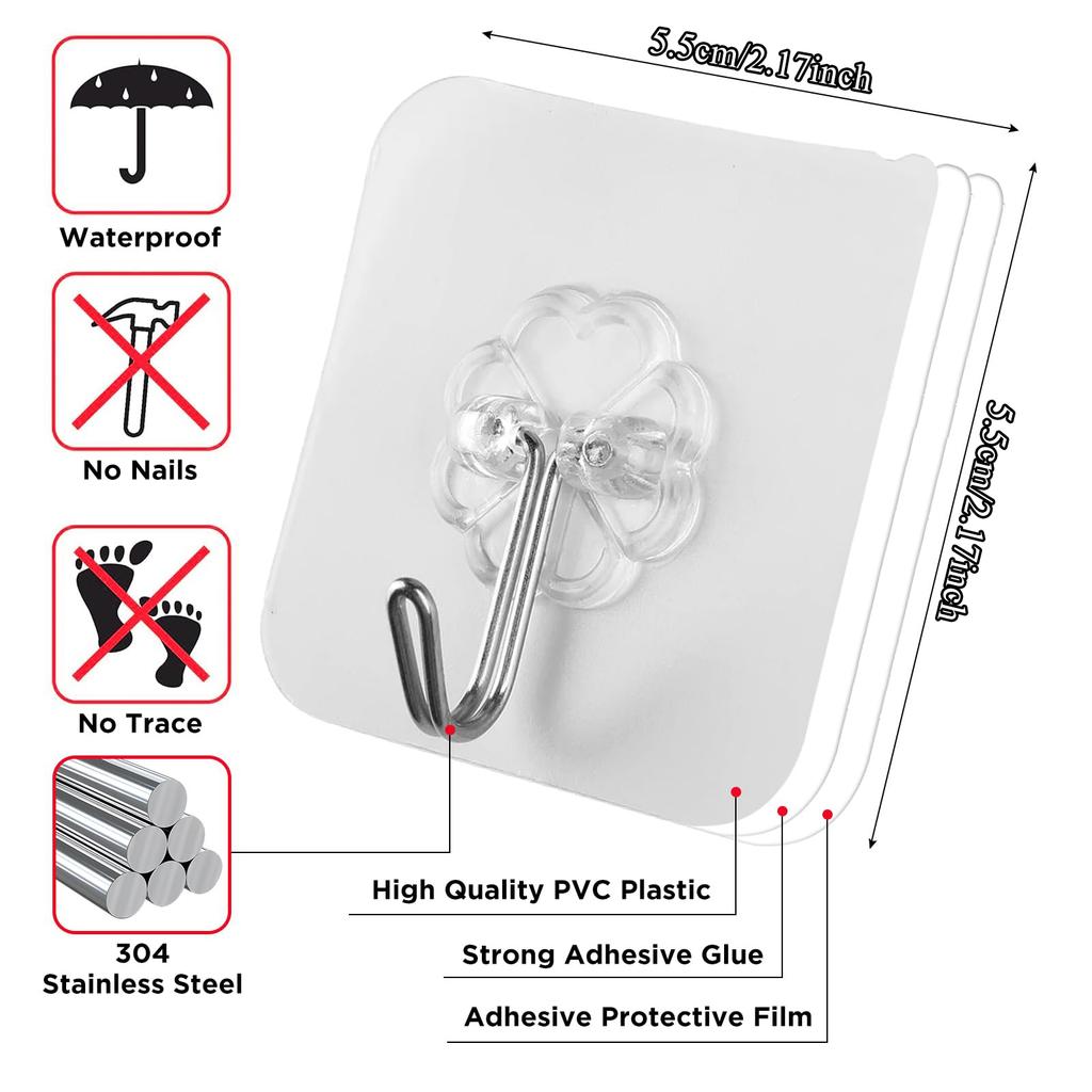 5/10/20pcs Adhesive Hooks for Hanging On Wall or Ceiling, Heavy Duty, Clear, Damage Free, Stick On Hangers for Kitchen Bathroom