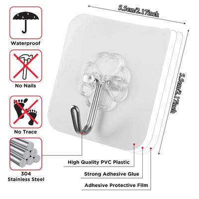 5/10/20pcs Adhesive Hooks for Hanging On Wall or Ceiling, Heavy Duty, Clear, Damage Free, Stick On Hangers for Kitchen Bathroom