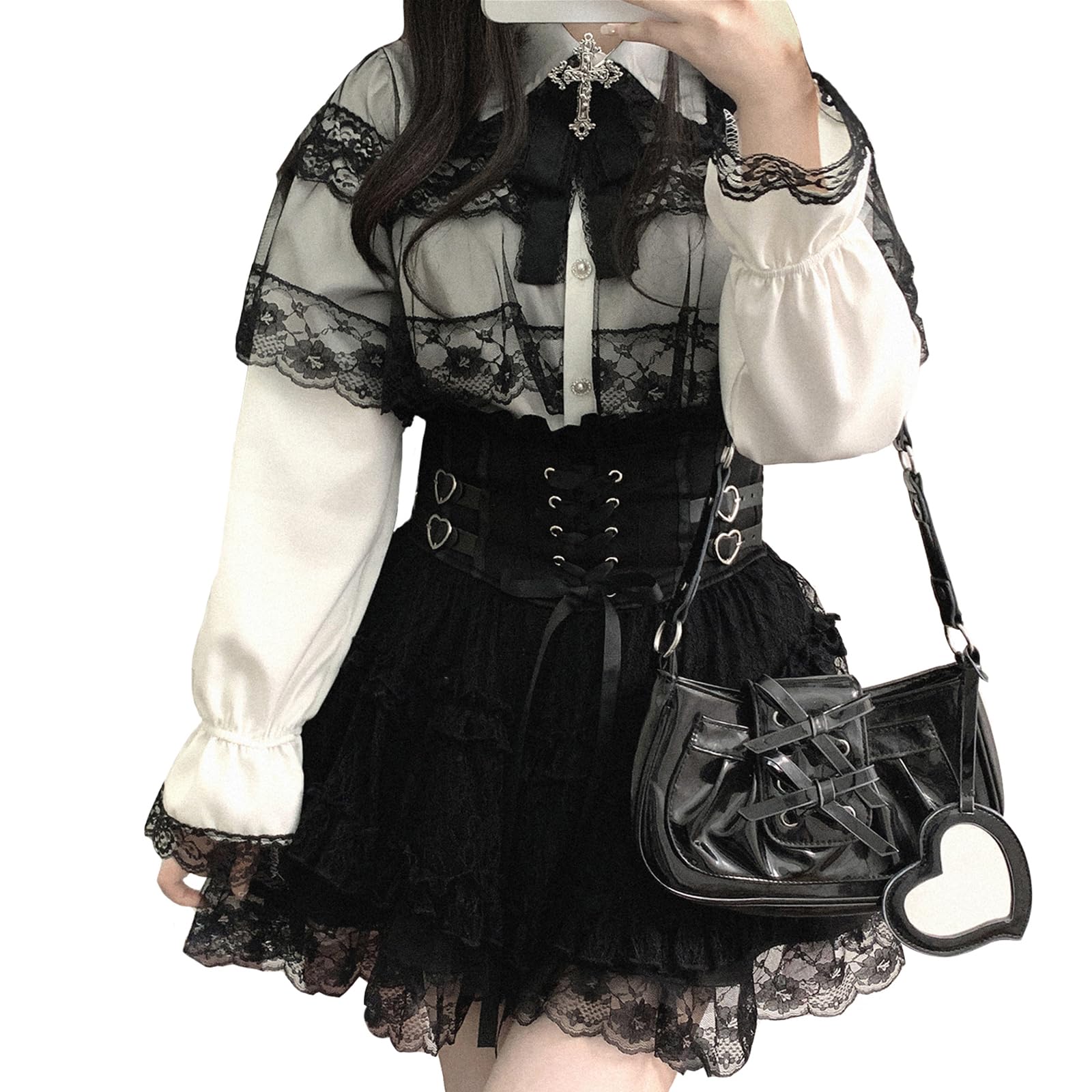 

Длинная съемная крестообразная лента Студенческая осенняя Белая с черным кружевом [XHSUKADO] Блузка в стиле кейп, Рукава, Брошь, Массовое производство, Милая, Женская рубашка,