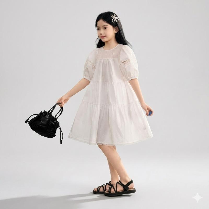 Big Girls Puff Sleeve Short Sleeve Princess Dress Casual Summer Sweet Kids Dress