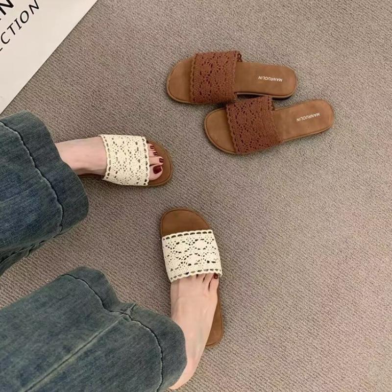 Fashion New Ladies Lace Linen Slippers Women's Sexy Grass Woven Slides Outdoor Light Comfortable Sweet Mesh Handmade Shoes Home Sandals