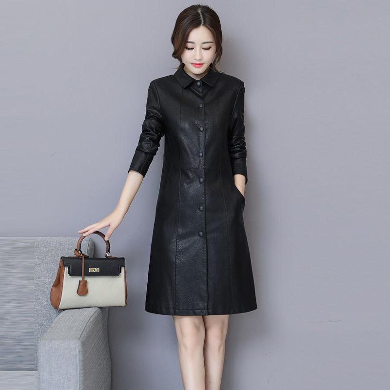 Podzimní a zimní dámský středně dlouhý úzký trenčkot z pravé kůže a zesílený bavlnou