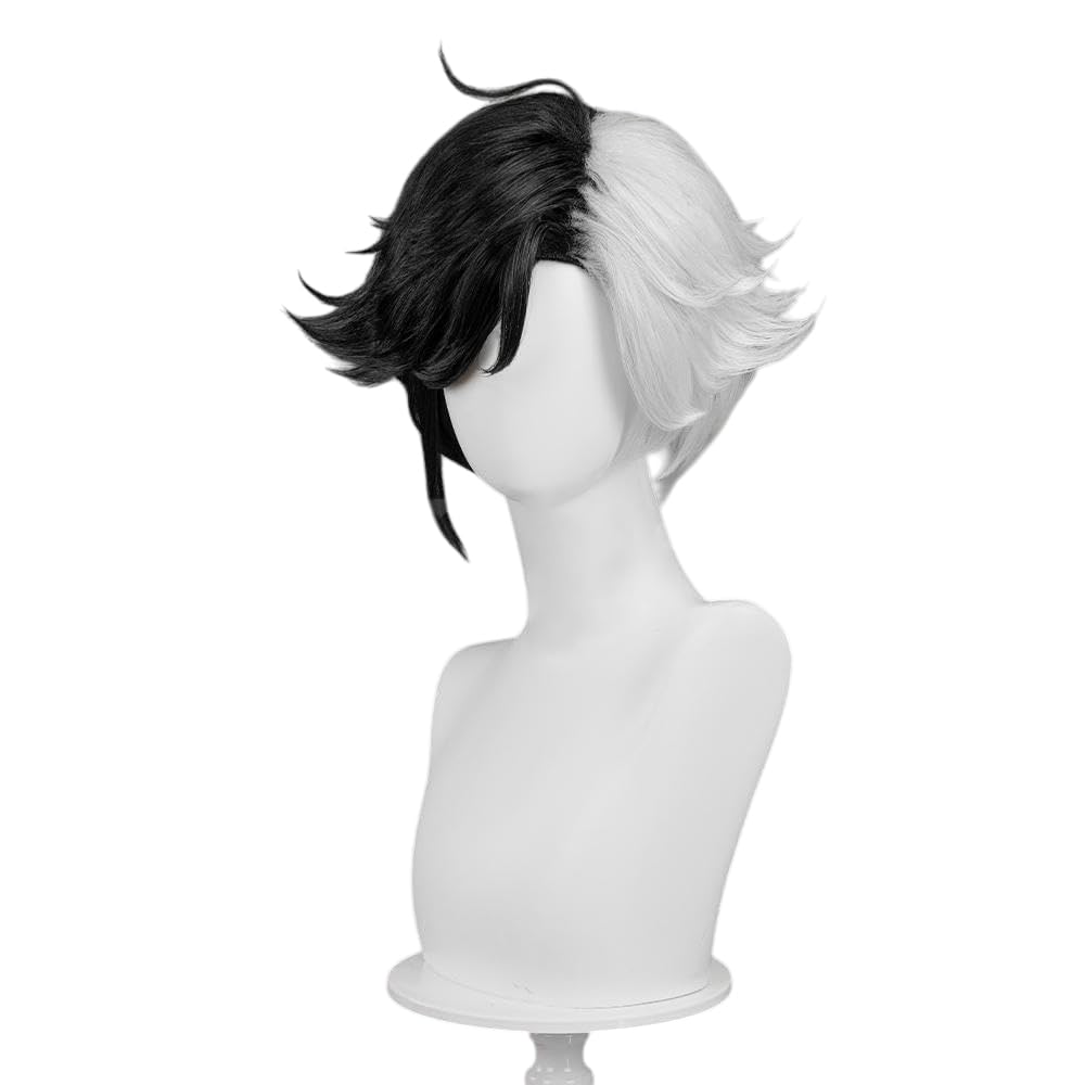Peruca para cosplay de Luna Snow Curta Metade Preta Metade Branca Cabelo Sintético Resistente ao Calor para Homens Halloween