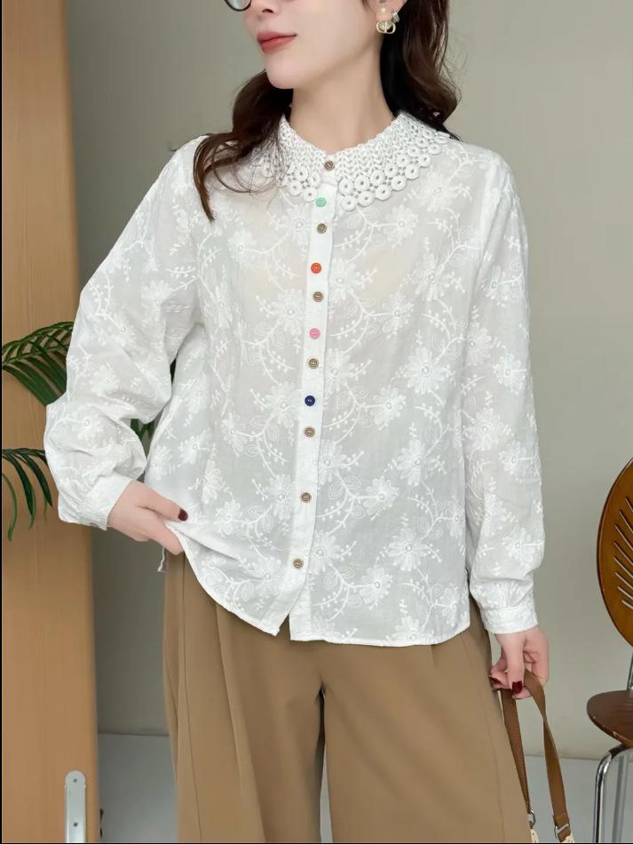 Women's Mori Girl Style Embroidered White Long-Sleeve Shirt with Hollowed Collar & Colorful Buttons - Slimming & Versatile Design