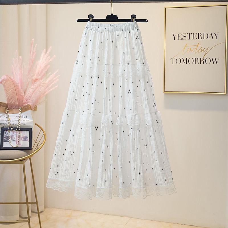 Fashionable Chiffon Floral Midi Skirt Women's Summer Patchwork Ballet Style Lace Cake Skirt A-line Medium Length Skirt