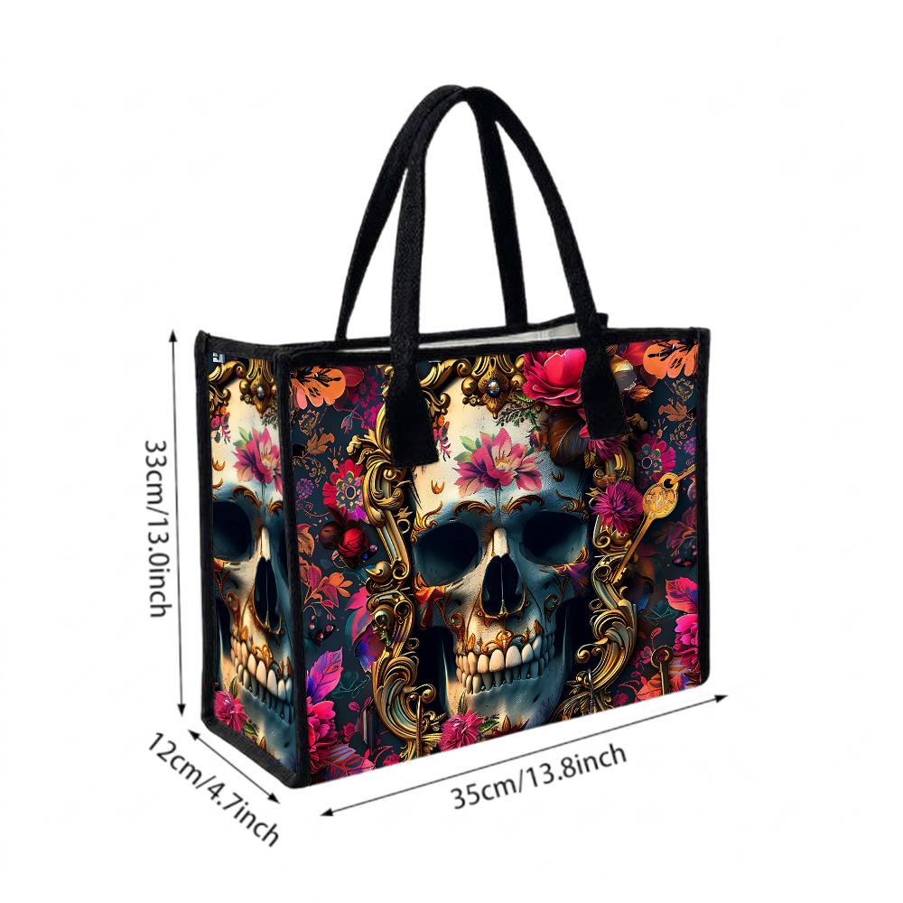 Floral Skull Pattern Tote Bag Gothic Vintage Style Shoulder Bag Daily Use Large Capacity Handbag
