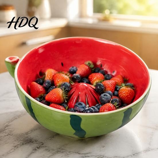 Ceramic Serving Bowl for Grapes Berry Washing Bowl Raised Center Drainage Hole Fruit Rinse Small Herbs Self-Spinning Colander Kitchen Countertop