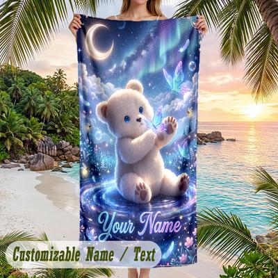 Teddy Bear Theme Beach Towel Personalized Custom Name & Text Soft Quick Dry Beach Towel for Swimming Travel