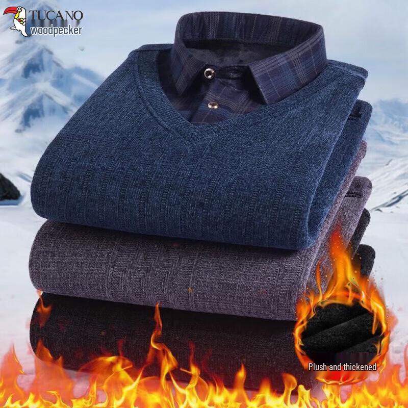 Tucano Men's Faux Two-Piece Plush Thick Knitted Sweater