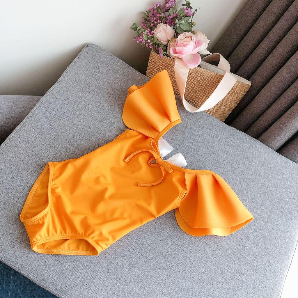 New Korean Style Girls' One-Piece Swimsuit with Ruffled Edges & Bow - Solid Color for Small to Medium Kids