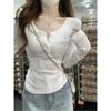 Baby blue half-open neck front shoulder bottom top women's spring and autumn slim-fit sweet hottie long-sleeved shirt with chest pad suspenders