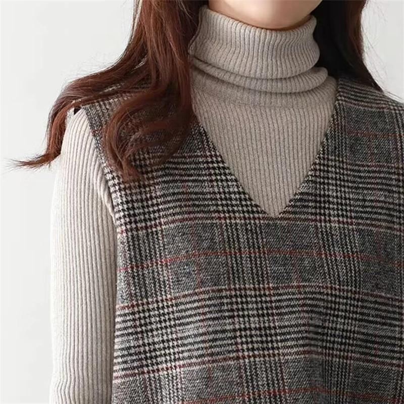 Damen Strickweste Kleid Baumwolle V-Ausschnitt Pullover Kariert Vintage Tanktop Ärmelloses Kleid mit Taschen
