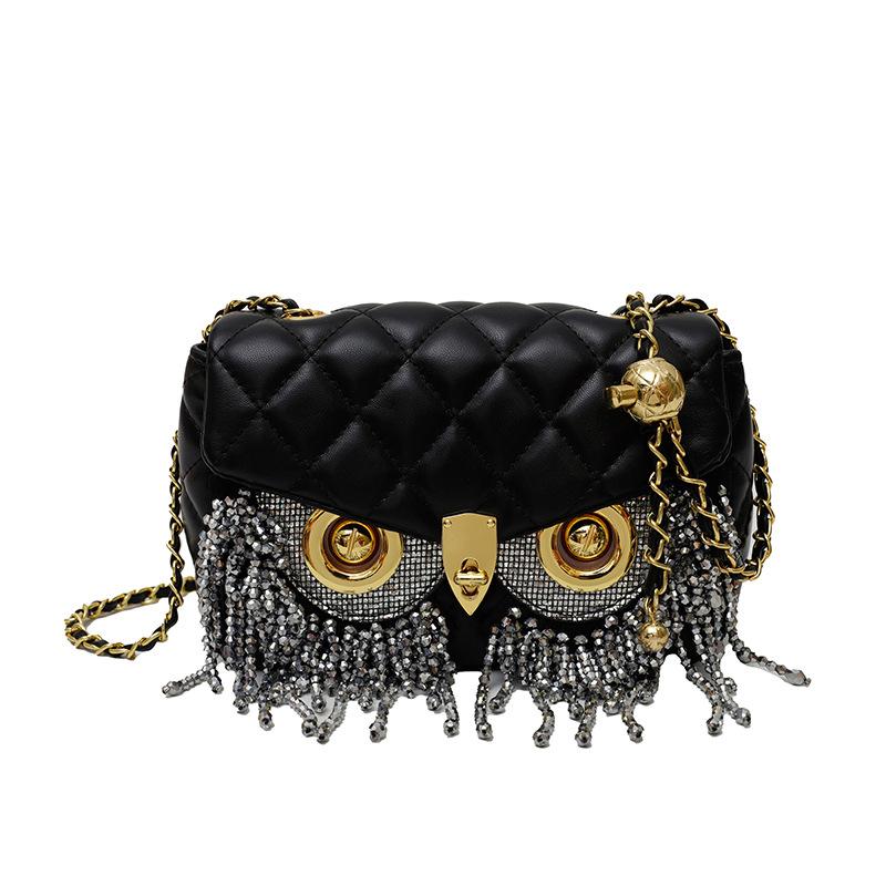 Xiaoxiangfeng diamond bag 2025 new European and American fashion rhinestone fringed shoulder bag women's owl small square bag