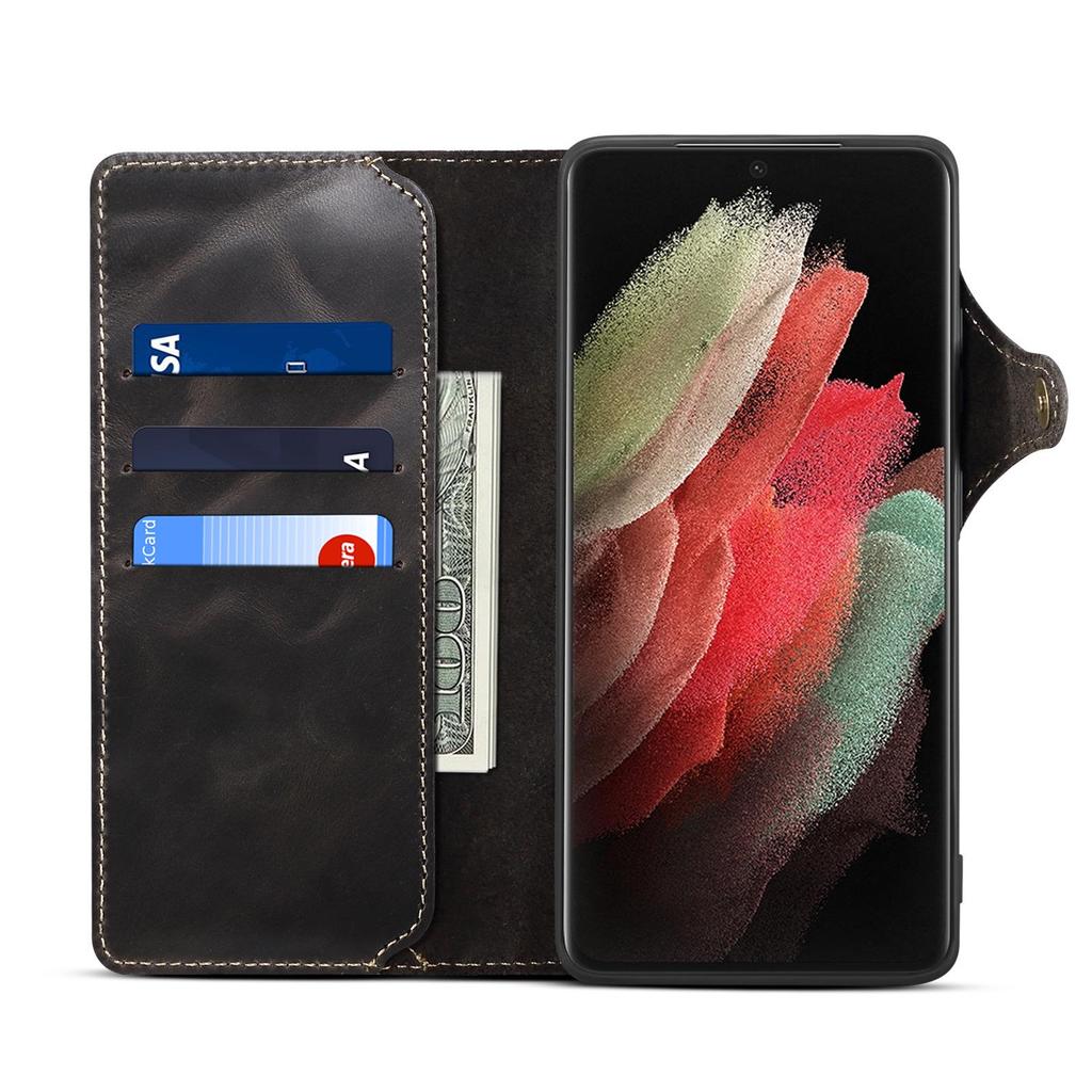 Samsung S26 Retro Genuine Leather Phone Case with Card Slot & Lanyard for S25 Ultra/S24+ Flip Cover