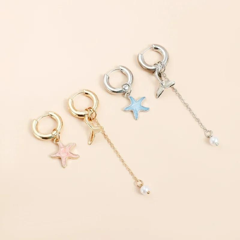 Retro Dolphin Tail Glazed Sea Star Asymmetric Fashion Luxury Earrings for Women Girls Jewelry Accessories Wedding Part Gifts