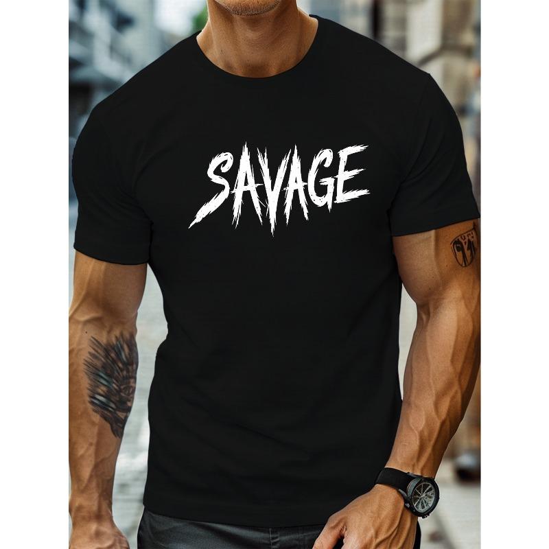 

European Size Men s SAVAGE Bold Metal Print T-Shirt - Casual Crew Neck, Lightweight Cotton Tee, Machine Washable - Perfect for Summer Streetwear 4XL чорний