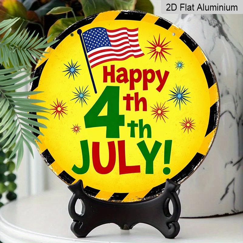 2D Flat, 1pc Round "Happy 4th of July" Aluminum Hanging Sign, Patriotic USA Flag Firework Design, Retro Yellow Black Border Metal Wall Decor, Perfect