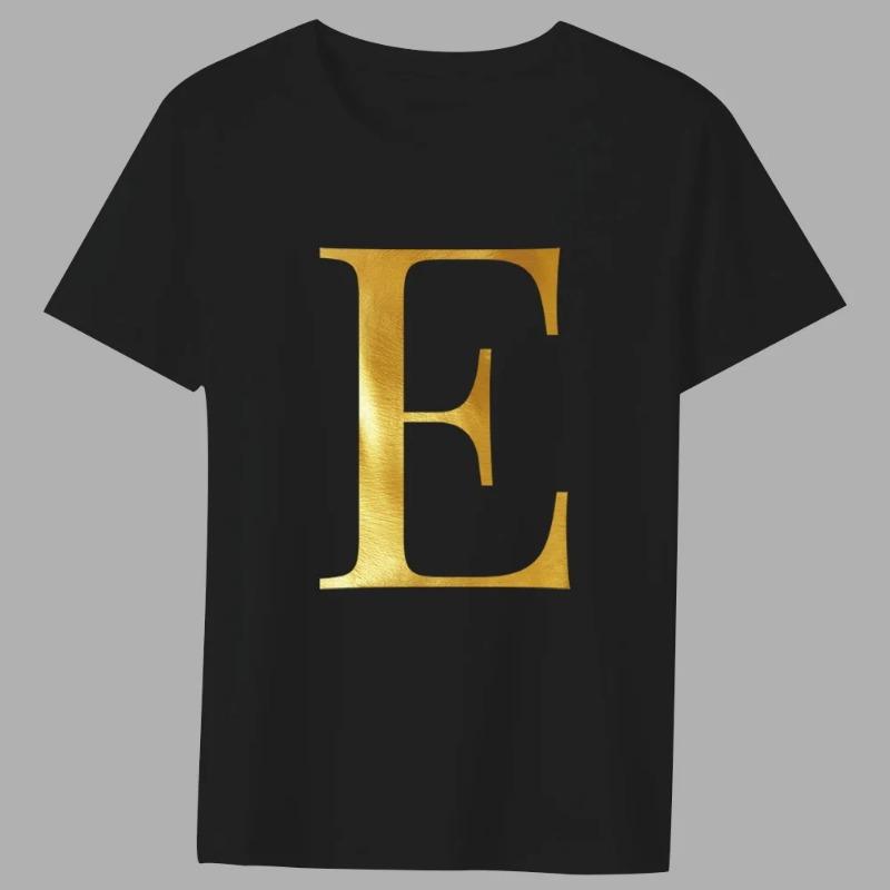 Fashion T-shirt Black Men's 26 English Letters Gold Printing Pattern Series Casual Round Neck Commuter Comfortable Top T-Shirts Men’s