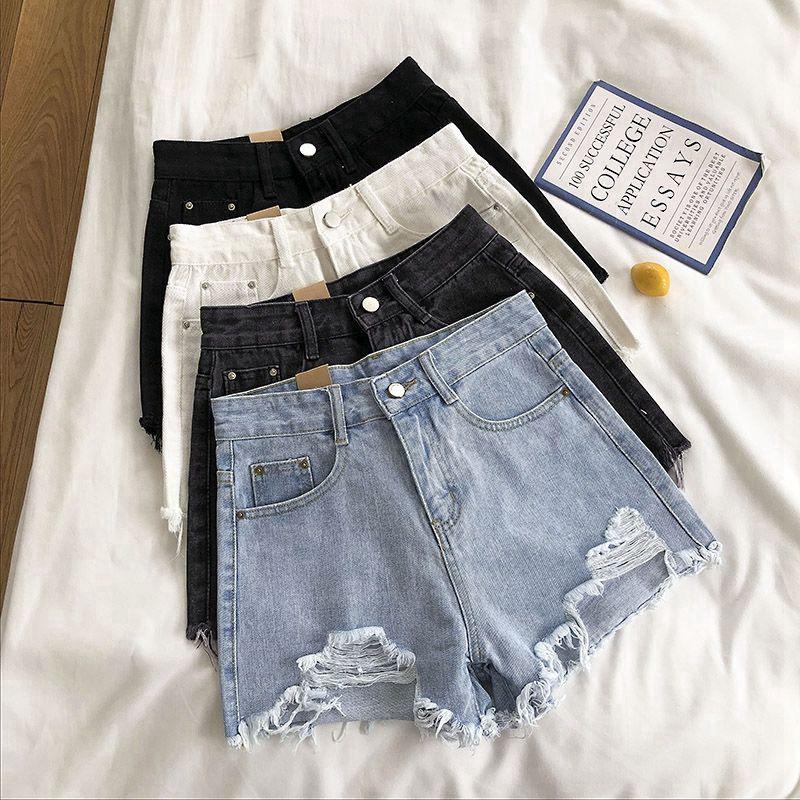 High-Waisted Ripped Denim Shorts for Women - 2025 Summer Korean Style, Wide-Leg, Frayed Hem, Versatile and Trendy