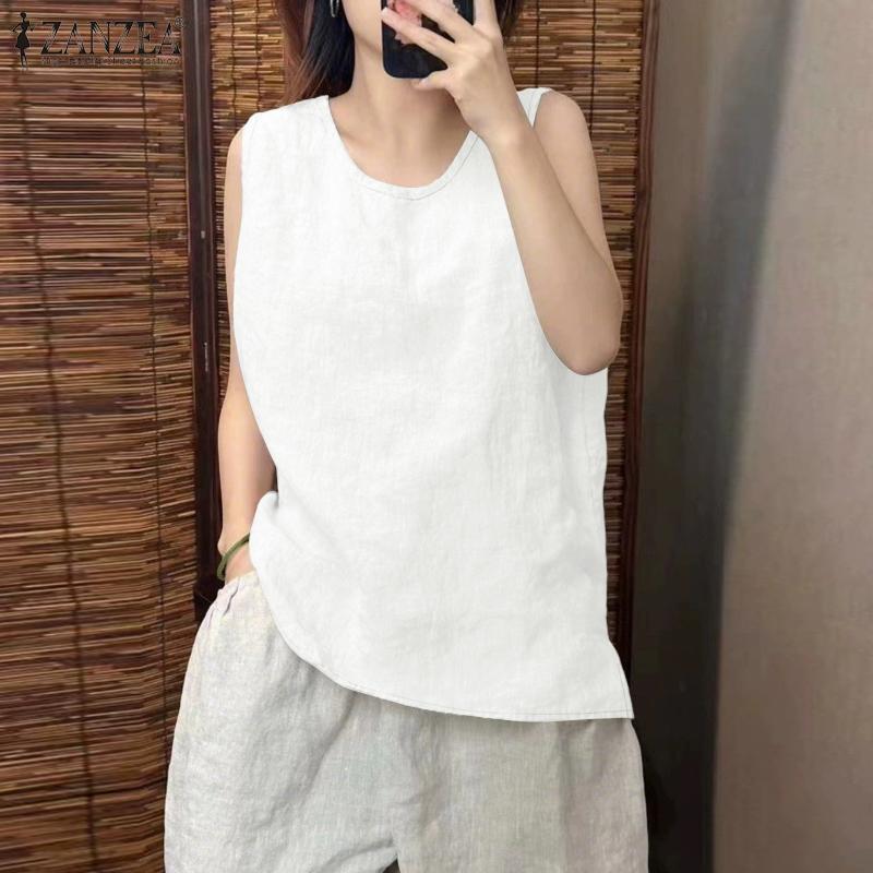 ZANZEA Maiuri casual pentru femei, cu gât rotund, de culoare solidă, fără mâneci