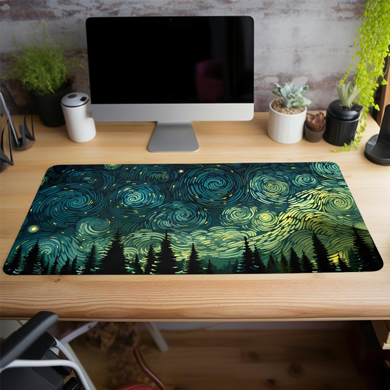 Starry Night Forest Extended Gaming Mouse Pad Large Non-Slip Rubber Base Desk Mat with Stitched Edges for Home Office and Gaming