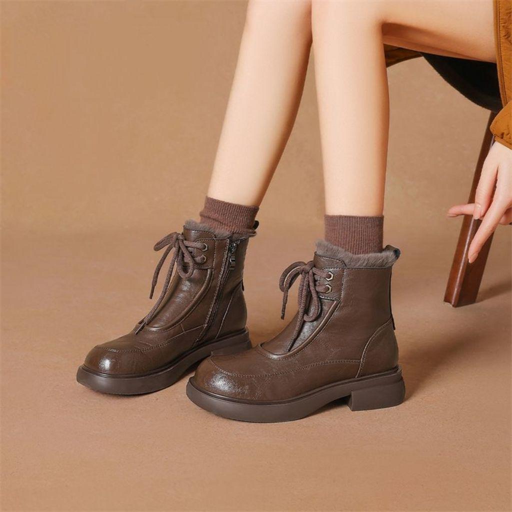 Women's Winter Thick-Soled Martin Boots – British Style, Fleece-Lined, Lace-Up Ankle Boots for Warmth in Snow, Available in Black and Brown.