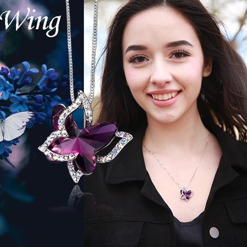 Crystal Shiny 3D Effect Butterfly Chain Pendant Necklace for Women And Girls