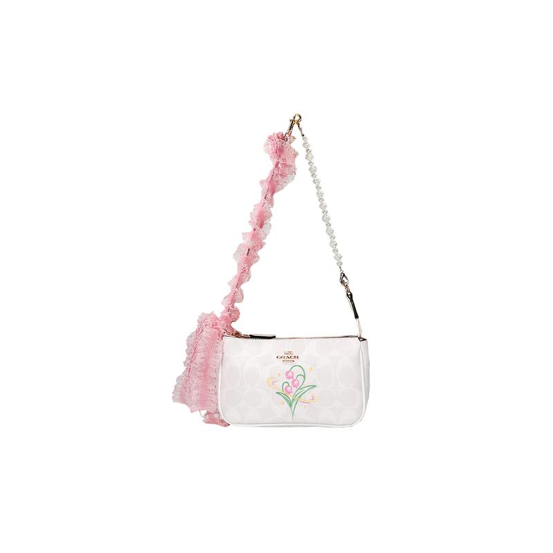 

COACH handbag [Customized bag] Nolita19 fog blue pink cherry metal brand logo zipper pink blue pendant bow ribbon pearl extension Flower (hand drawn) синій