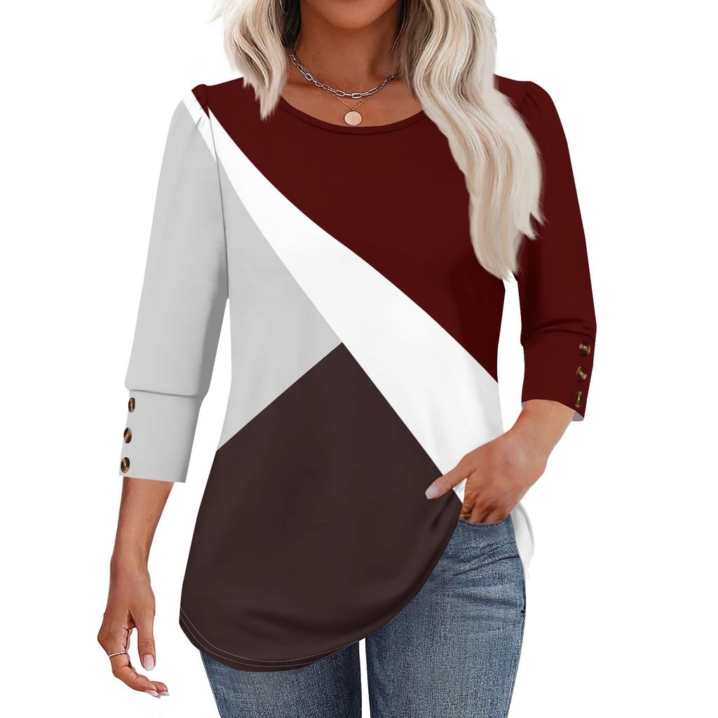 Women's Fashion Casual Color Block Stitched Print Round Neck Seven-sleeve T-shirt Top