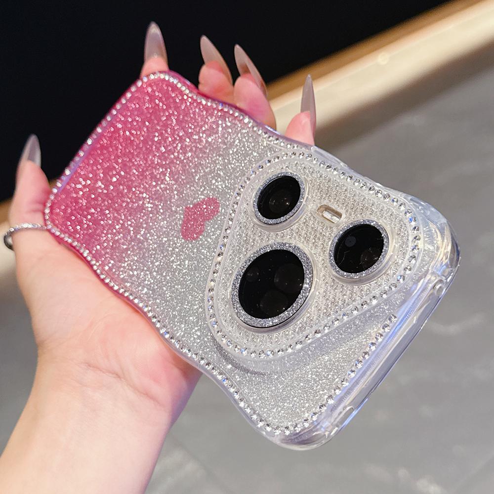 KEYSION Gradient Love Heart Wavy Phone Case for Huawei Pura 70 80 Pro 80 70 Ultra Glitter Jewelled Lens Protector Shockproof Cover