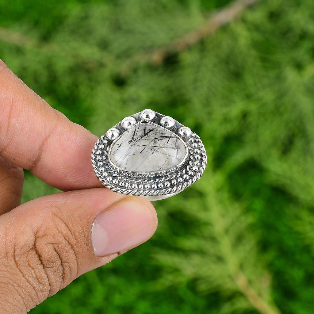 Natural Black Rutilated Quartz Sister New Promise Ring Jewelry Sterling Silver